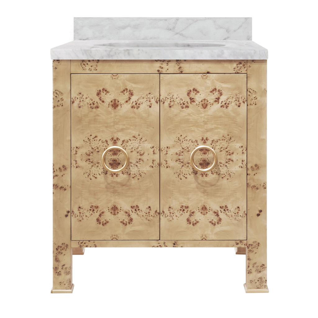 Bath Vanity in Burl Wood W/ Ant. Brass Hardware, White Marble Top, and Porcelain Sink