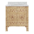 Bath Vanity in Burl Wood W/ Ant. Brass Hardware, White Marble Top, and Porcelain Sink