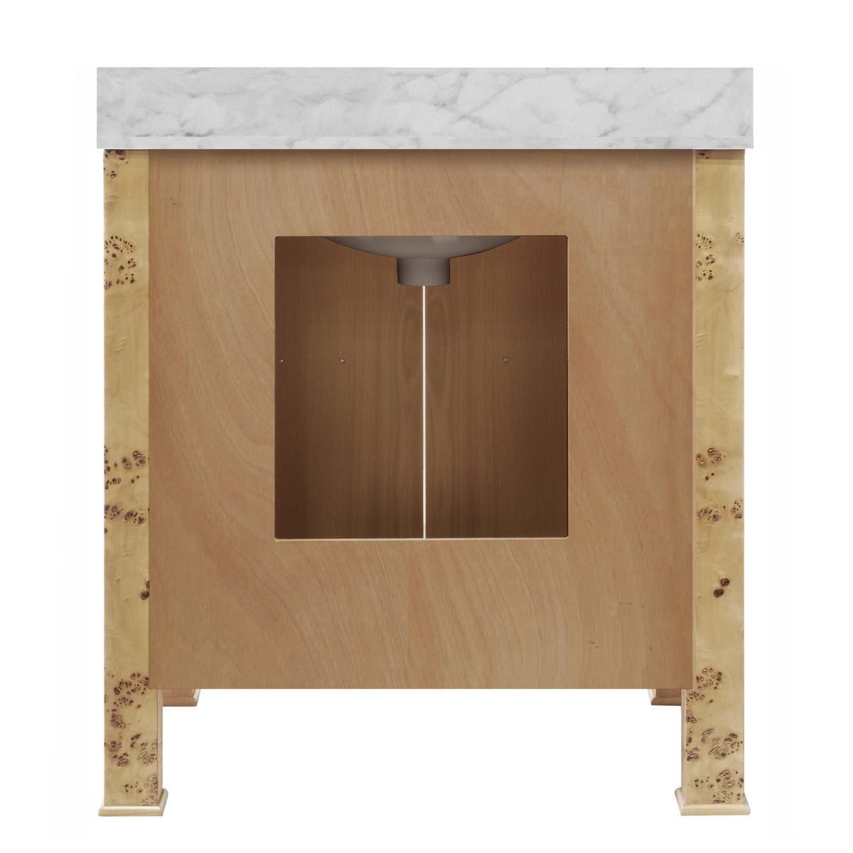 Bath Vanity in Burl Wood W/ Ant. Brass Hardware, White Marble Top, and Porcelain Sink