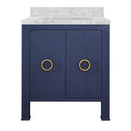 Bath Vanity in Textured Navy Linen W/ Ant. Brass Hardware, White Marble Top, and Porcelain Sink