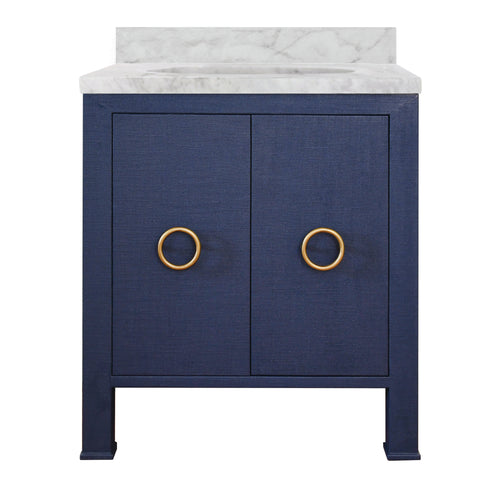 Bath Vanity in Textured Navy Linen W/ Ant. Brass Hardware, White Marble Top, and Porcelain Sink
