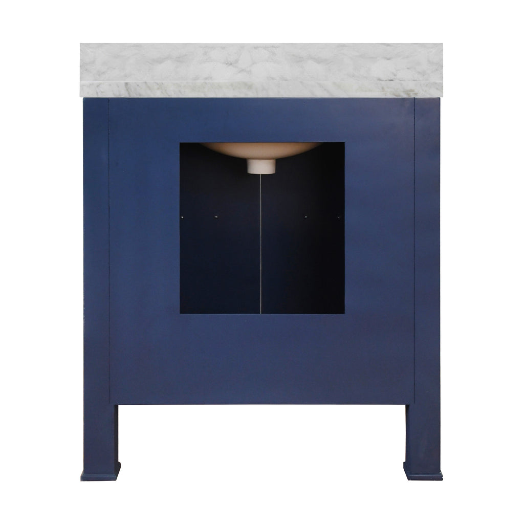 Bath Vanity in Textured Navy Linen W/ Ant. Brass Hardware, White Marble Top, and Porcelain Sink