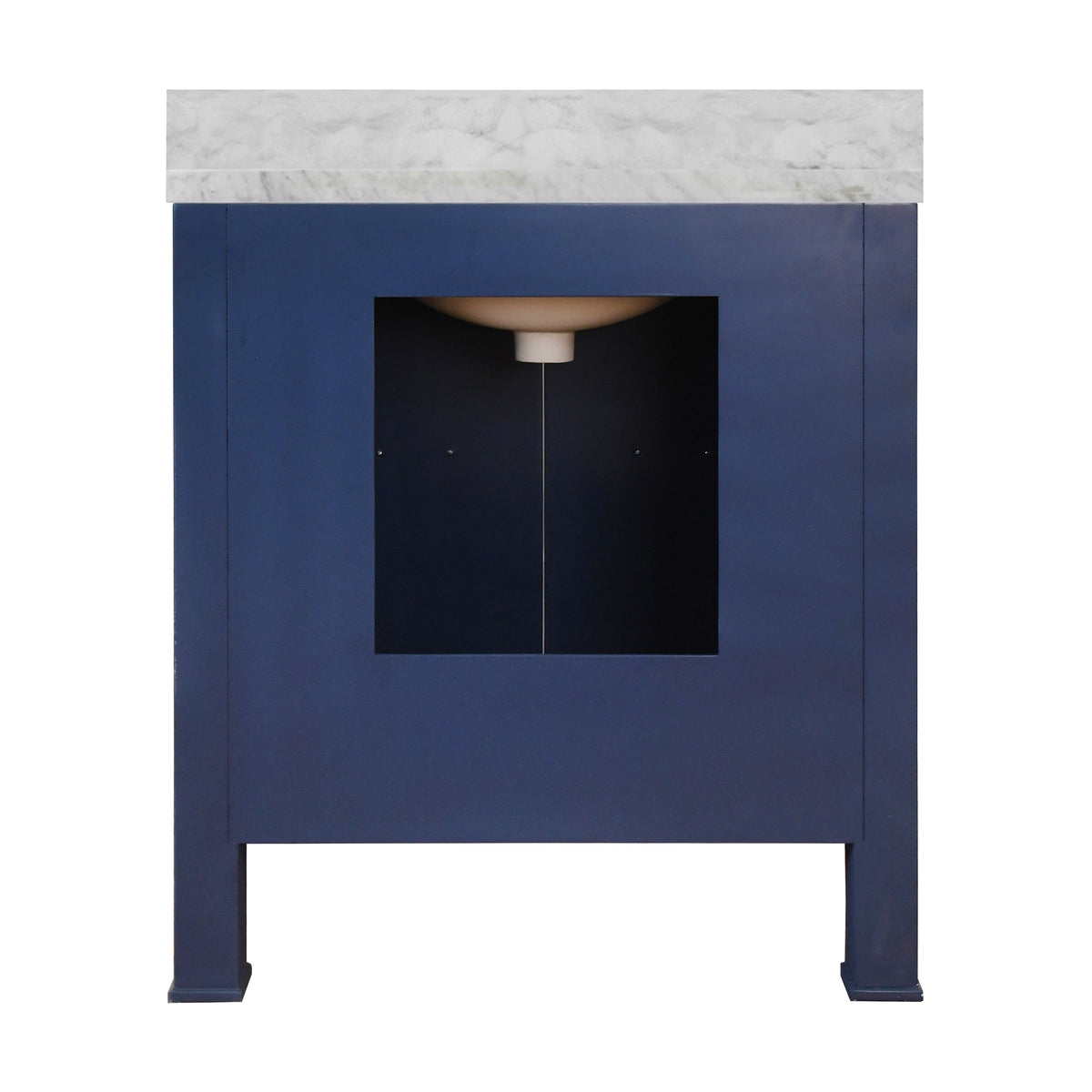 Bath Vanity in Textured Navy Linen W/ Ant. Brass Hardware, White Marble Top, and Porcelain Sink