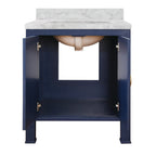 Bath Vanity in Textured Navy Linen W/ Ant. Brass Hardware, White Marble Top, and Porcelain Sink
