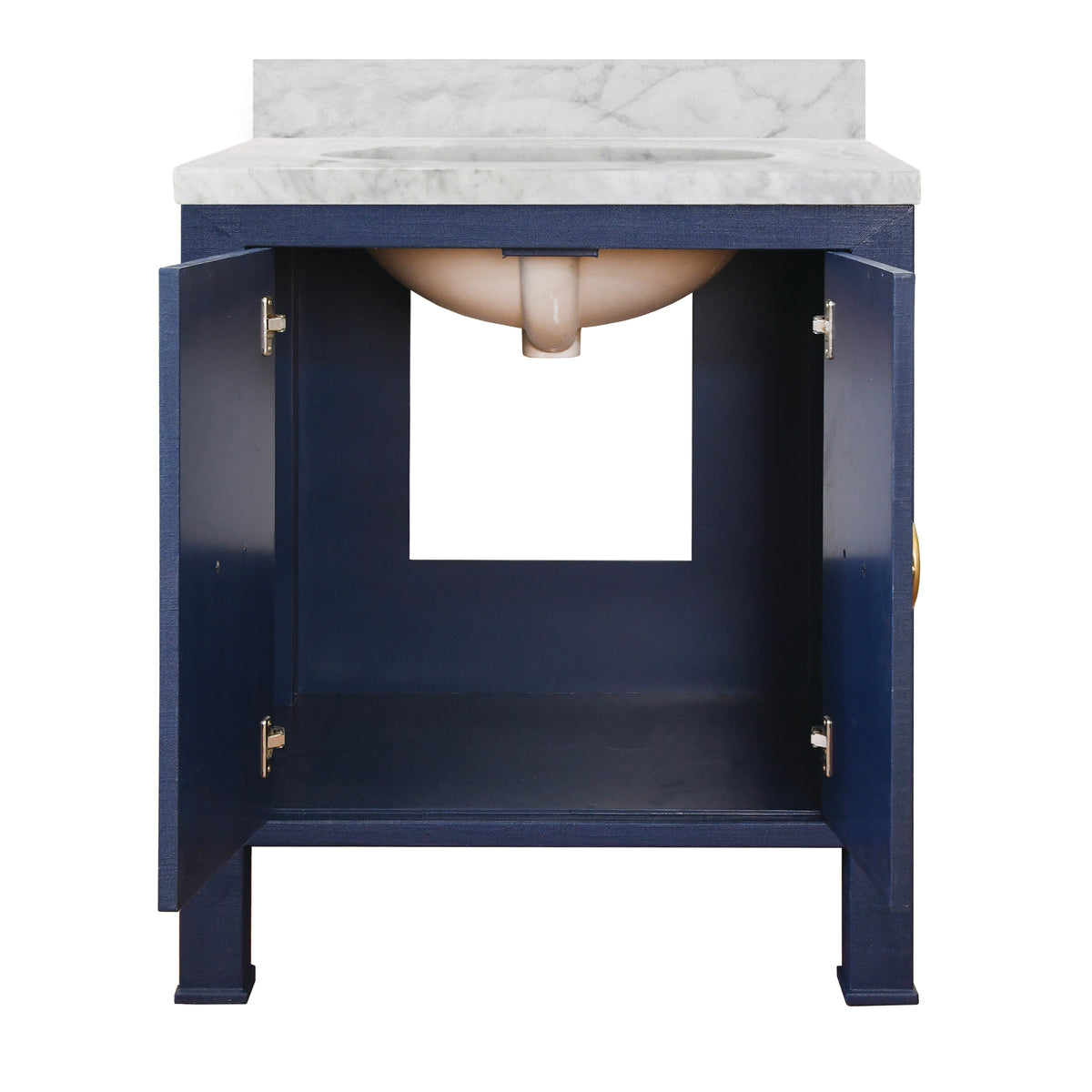 Bath Vanity in Textured Navy Linen W/ Ant. Brass Hardware, White Marble Top, and Porcelain Sink