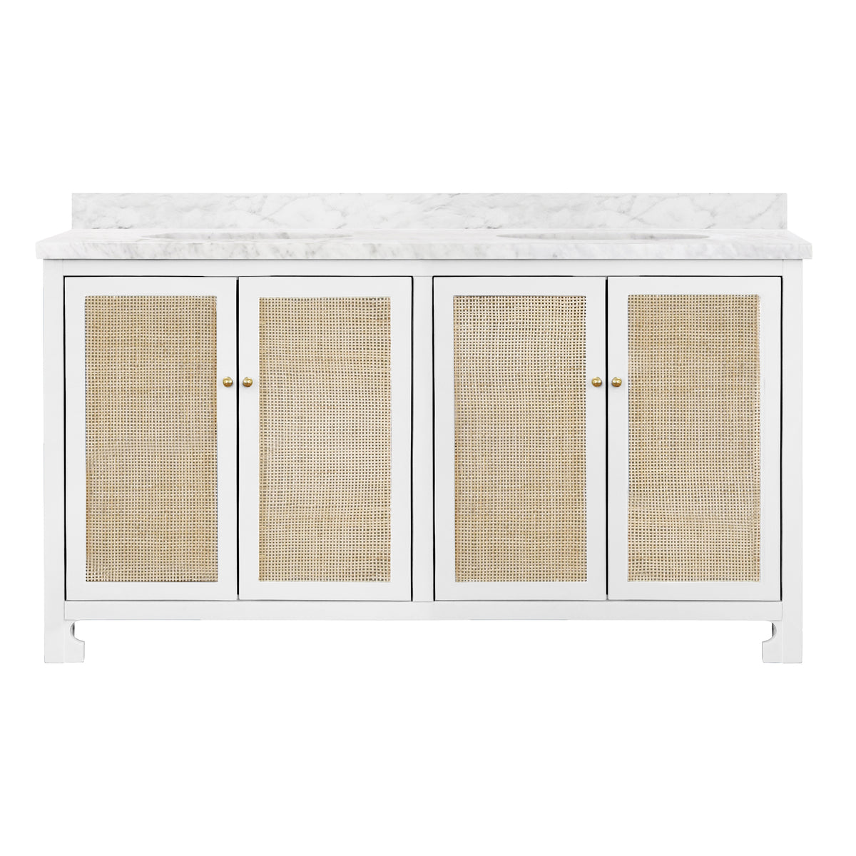 Bath Vanity in Matte White Lacquer with Cane Front Doors, White Marble Top, Double Porcelain Sinks, and Polished Brass Knobs, 60" Wide