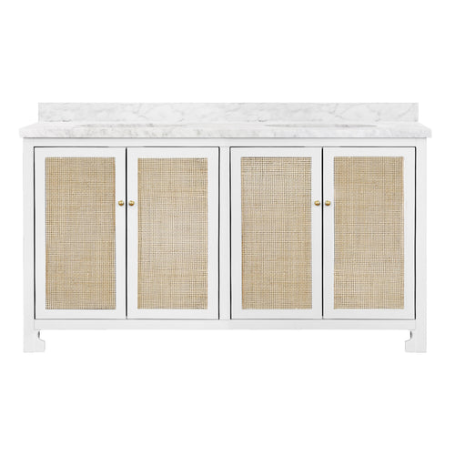 Bath Vanity in Matte White Lacquer with Cane Front Doors, White Marble Top, Double Porcelain Sinks, and Polished Brass Knobs, 60" Wide