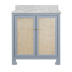 Bath Vanity in Matte Light Blue Lacquer with Cane Front Doors, White Marble Top, Porcelain Sink, and Polished Brass Knobs