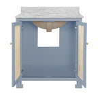 Bath Vanity in Matte Light Blue Lacquer with Cane Front Doors, White Marble Top, Porcelain Sink, and Polished Brass Knobs