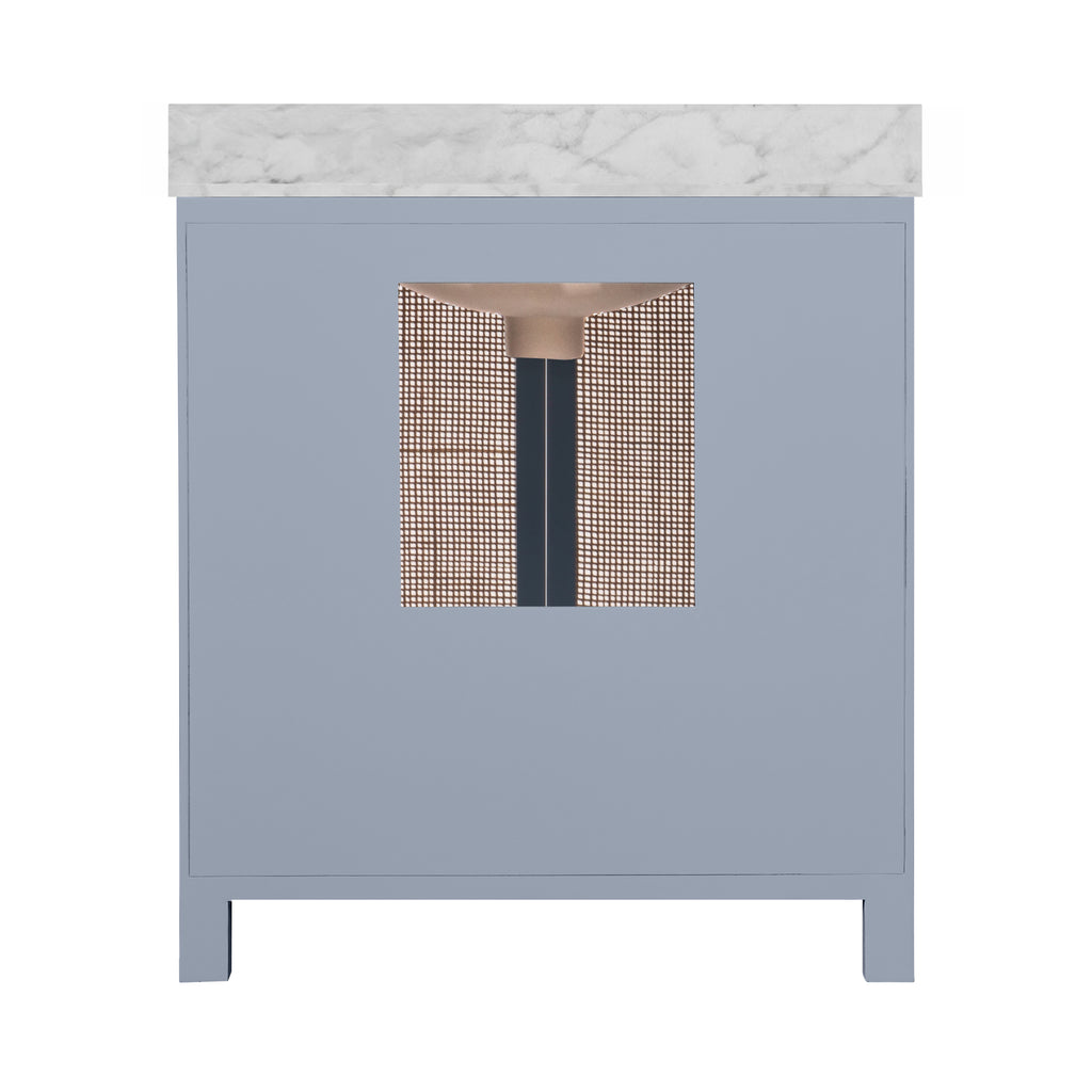 Bath Vanity in Matte Light Blue Lacquer with Cane Front Doors, White Marble Top, Porcelain Sink, and Polished Brass Knobs