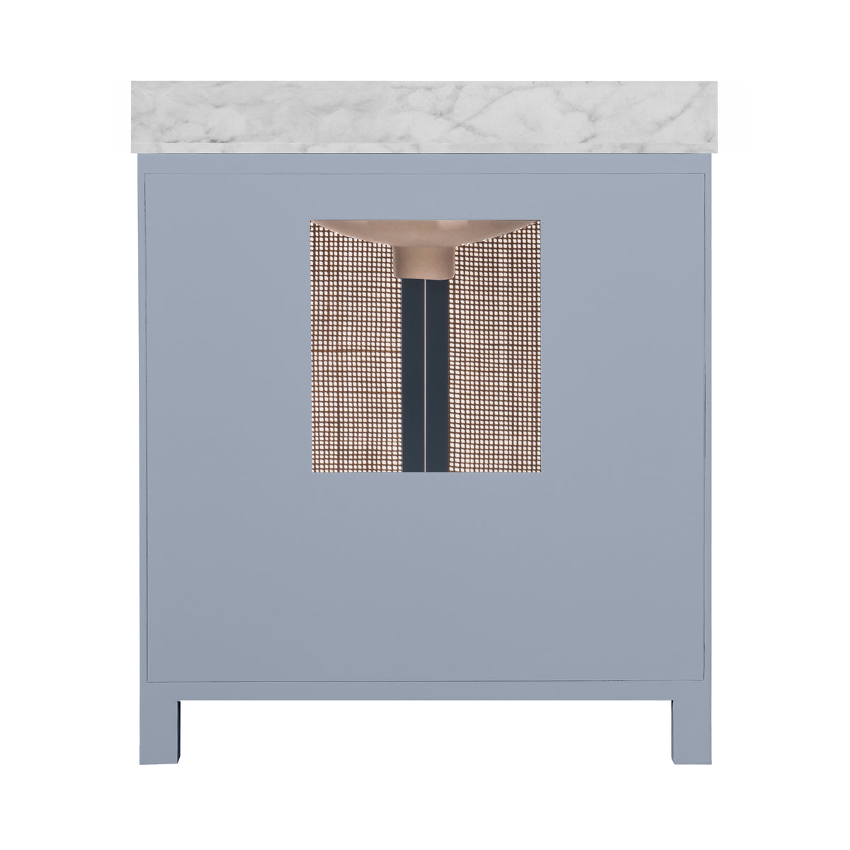 Bath Vanity in Matte Light Blue Lacquer with Cane Front Doors, White Marble Top, Porcelain Sink, and Polished Brass Knobs