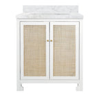 Bath Vanity in Matte White Lacquer with Cane Front Doors, White Marble Top, and Porcelain Sink