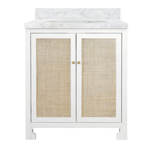 Bath Vanity in Matte White Lacquer with Cane Front Doors, White Marble Top, and Porcelain Sink