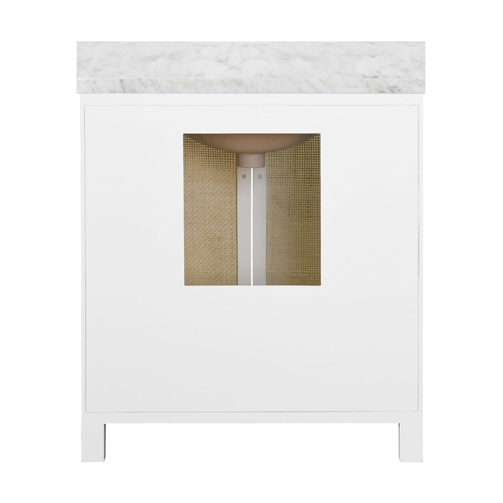 Bath Vanity in Matte White Lacquer with Cane Front Doors, White Marble Top, and Porcelain Sink