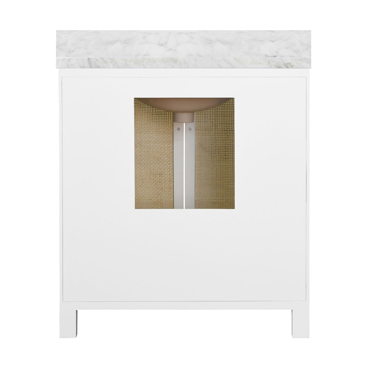 Bath Vanity in Matte White Lacquer with Cane Front Doors, White Marble Top, and Porcelain Sink
