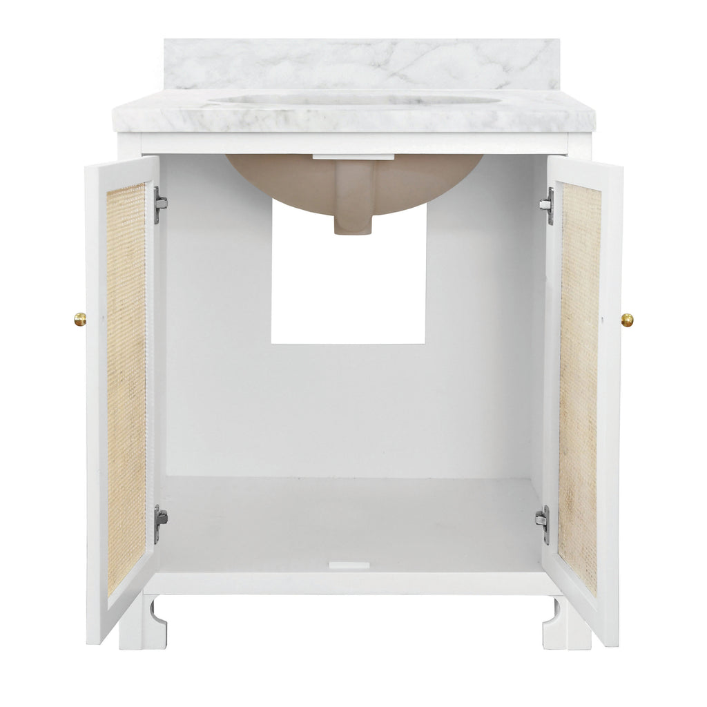 Bath Vanity in Matte White Lacquer with Cane Front Doors, White Marble Top, and Porcelain Sink