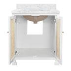 Bath Vanity in Matte White Lacquer with Cane Front Doors, White Marble Top, and Porcelain Sink