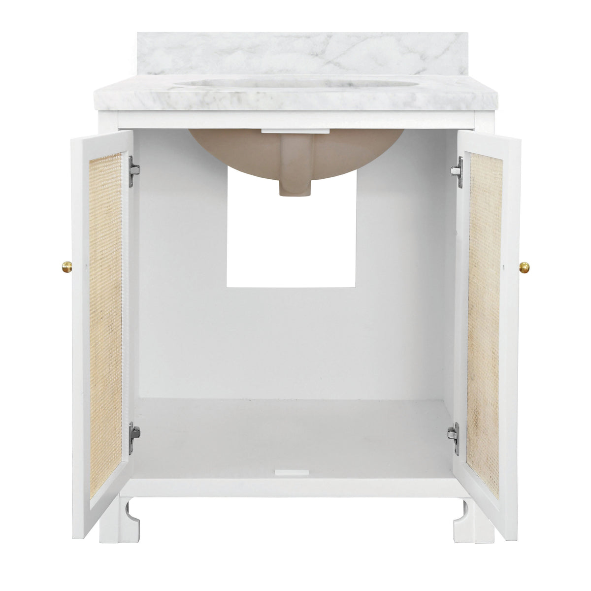 Bath Vanity in Matte White Lacquer with Cane Front Doors, White Marble Top, and Porcelain Sink