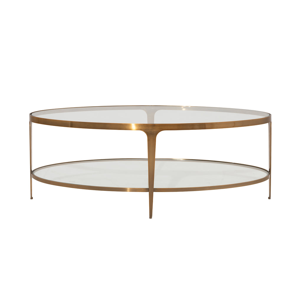 Two Tier Glass Top Oval Coffee Table in Antique Brass
