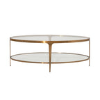 Two Tier Glass Top Oval Coffee Table in Antique Brass