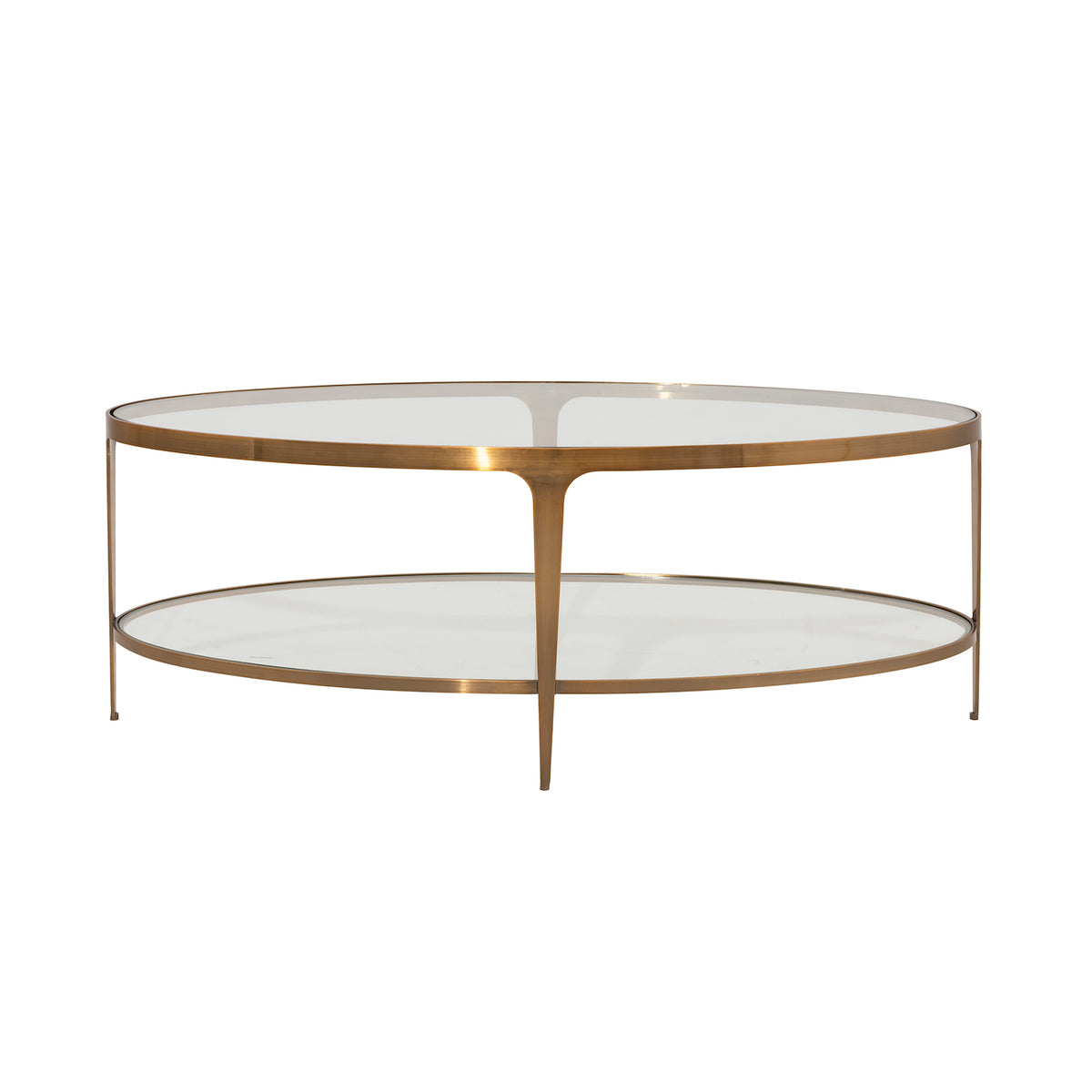 Two Tier Glass Top Oval Coffee Table in Antique Brass