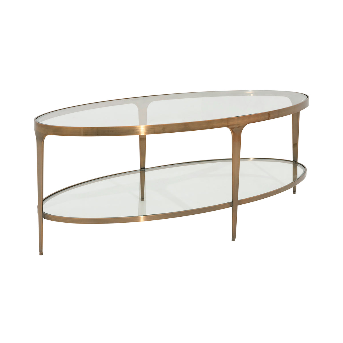 Two Tier Glass Top Oval Coffee Table in Antique Brass