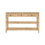 Three Drawer Console with Two Open Shelves in Burl Wood with Polished Brass Knobs