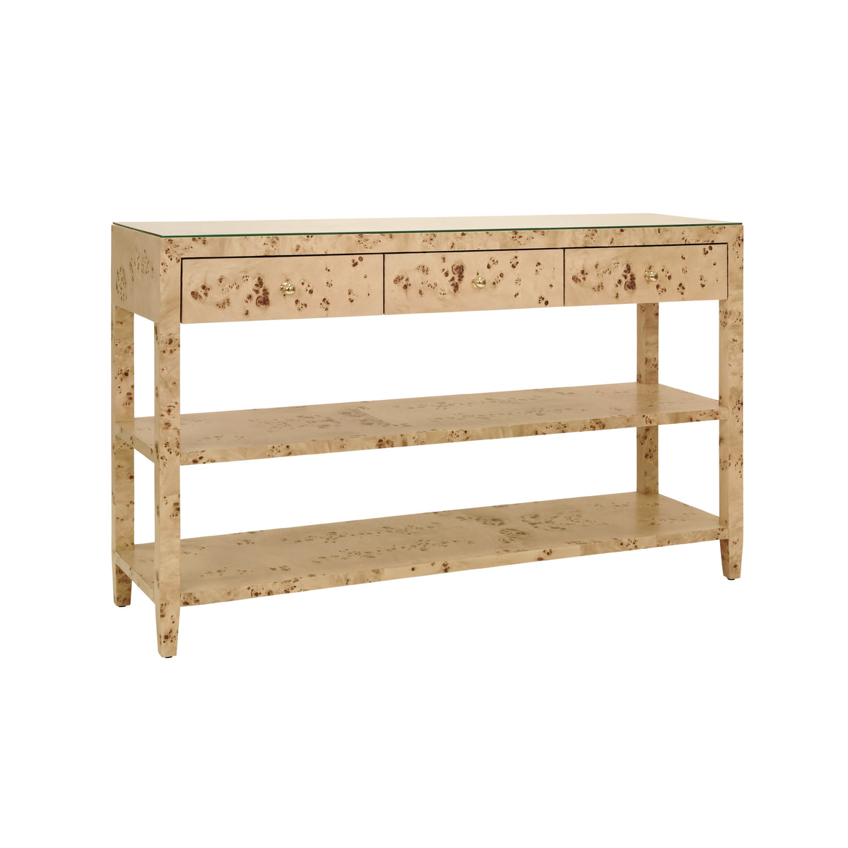 Three Drawer Console with Two Open Shelves in Burl Wood with Polished Brass Knobs