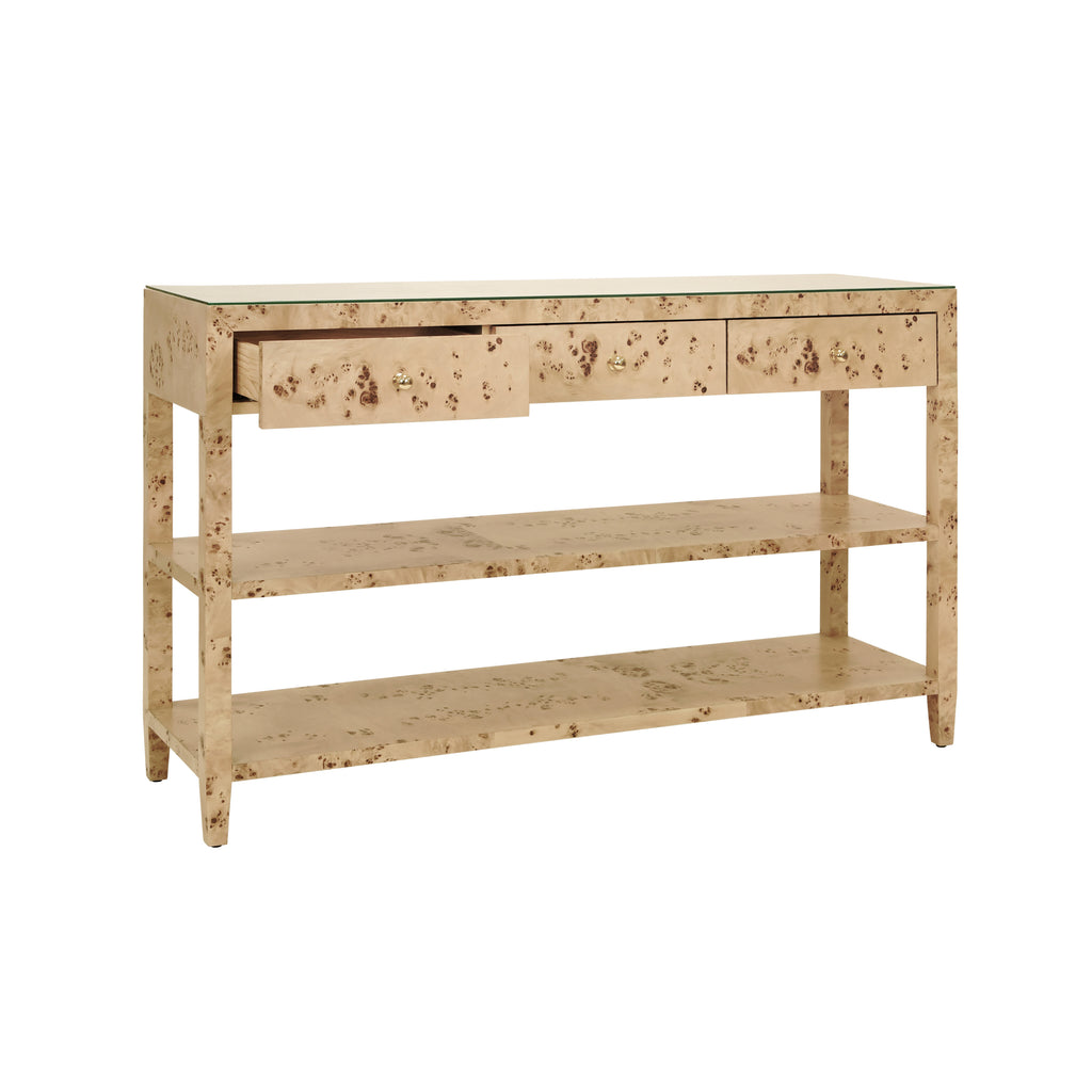Three Drawer Console with Two Open Shelves in Burl Wood with Polished Brass Knobs