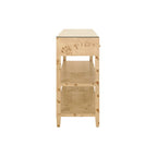 Three Drawer Console with Two Open Shelves in Burl Wood with Polished Brass Knobs