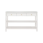Three Drawer Console with Two Open Shelves in White Textured Linen with Polished Brass Knobs
