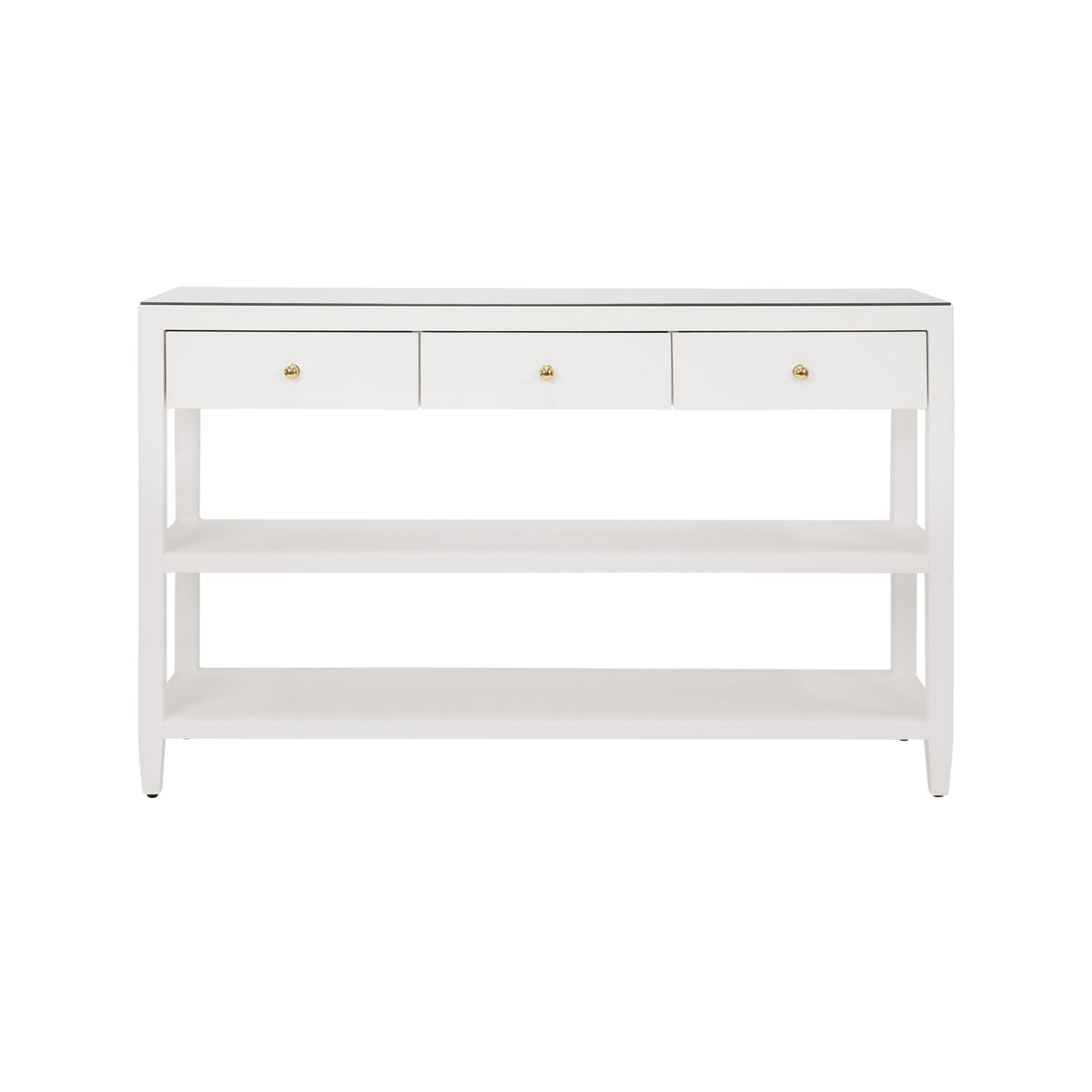 Three Drawer Console with Two Open Shelves in White Textured Linen with Polished Brass Knobs