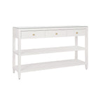 Three Drawer Console with Two Open Shelves in White Textured Linen with Polished Brass Knobs