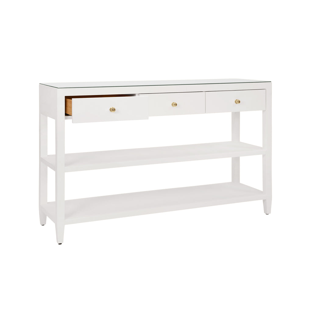 Three Drawer Console with Two Open Shelves in White Textured Linen with Polished Brass Knobs