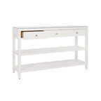 Three Drawer Console with Two Open Shelves in White Textured Linen with Polished Brass Knobs