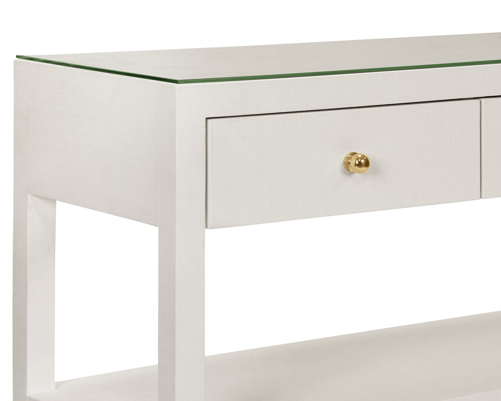 Three Drawer Console with Two Open Shelves in White Textured Linen with Polished Brass Knobs
