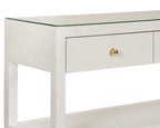 Three Drawer Console with Two Open Shelves in White Textured Linen with Polished Brass Knobs