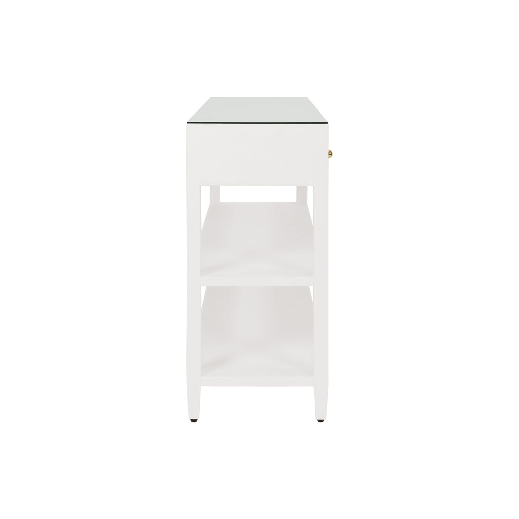 Three Drawer Console with Two Open Shelves in White Textured Linen with Polished Brass Knobs