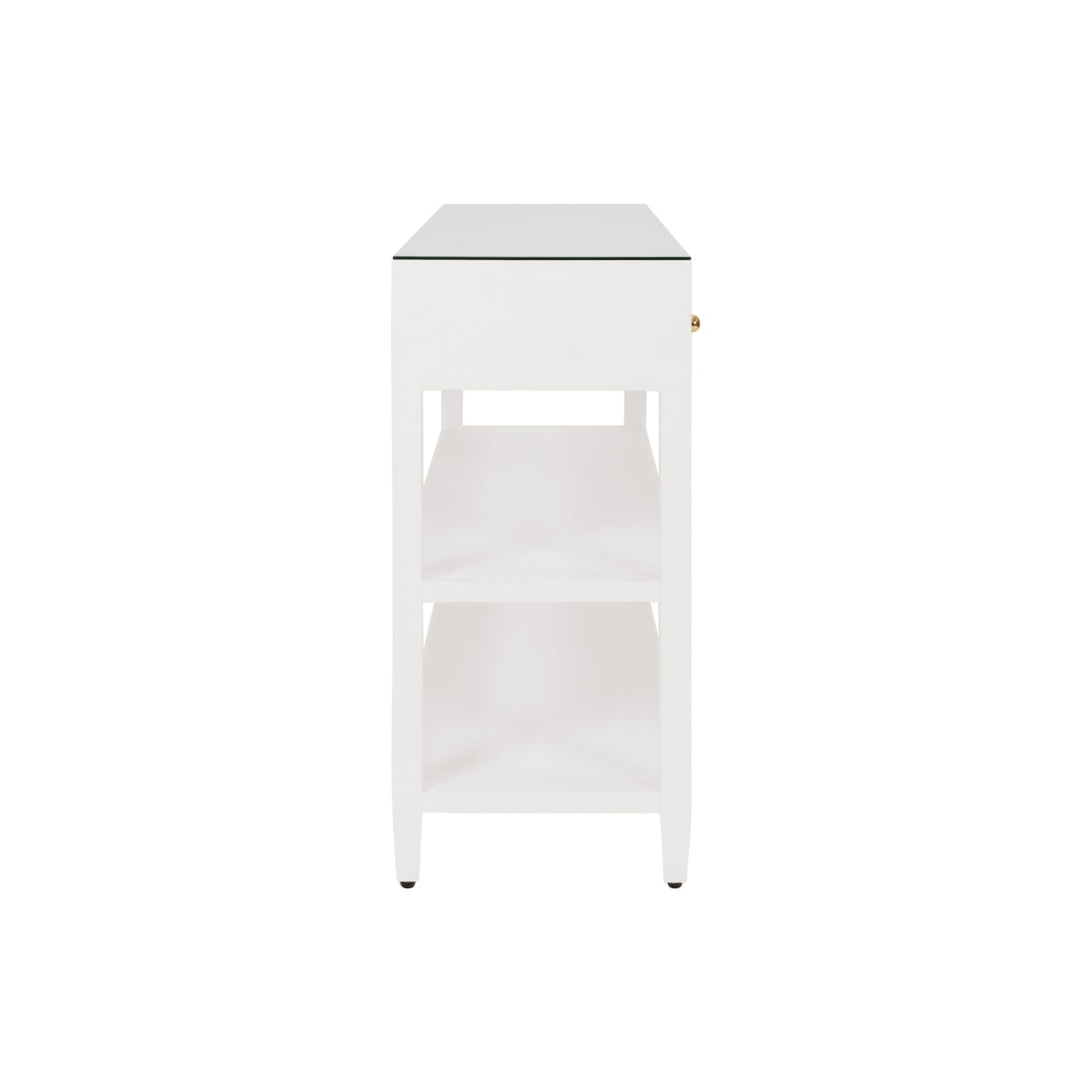 Three Drawer Console with Two Open Shelves in White Textured Linen with Polished Brass Knobs