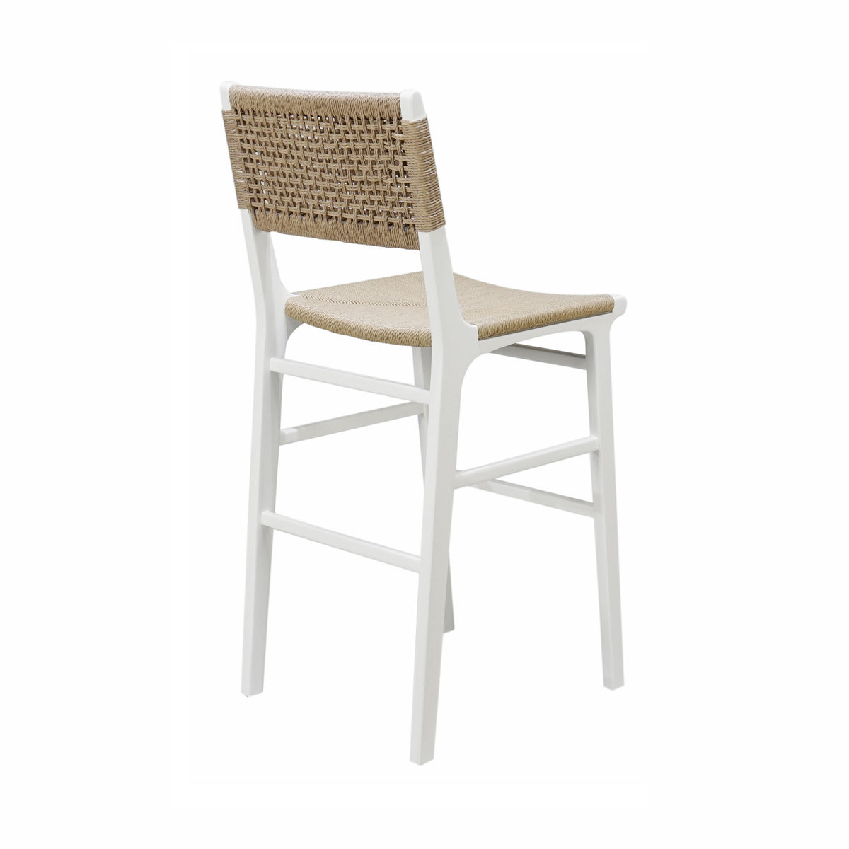 Woven Back Bar Stool with Rush Seat in Matte White Lacquer