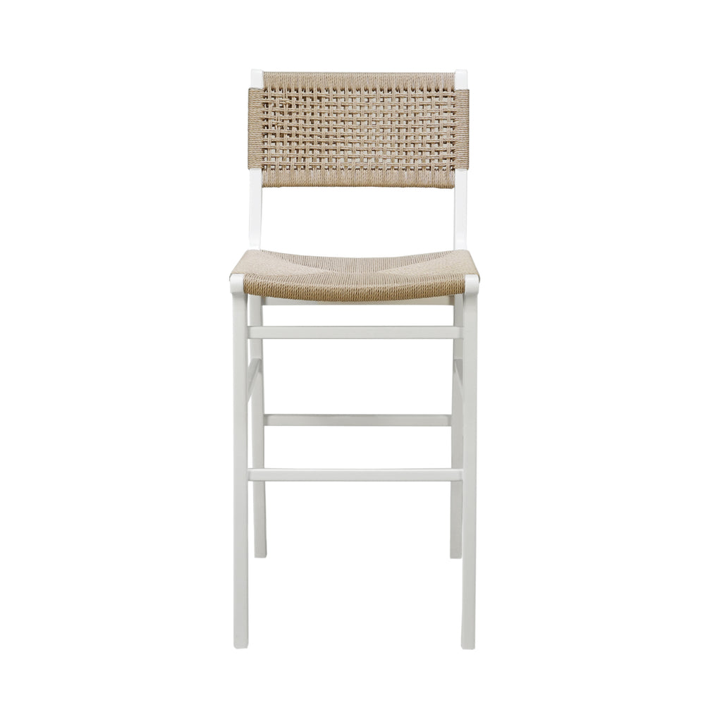 Woven Back Bar Stool with Rush Seat in Matte White Lacquer