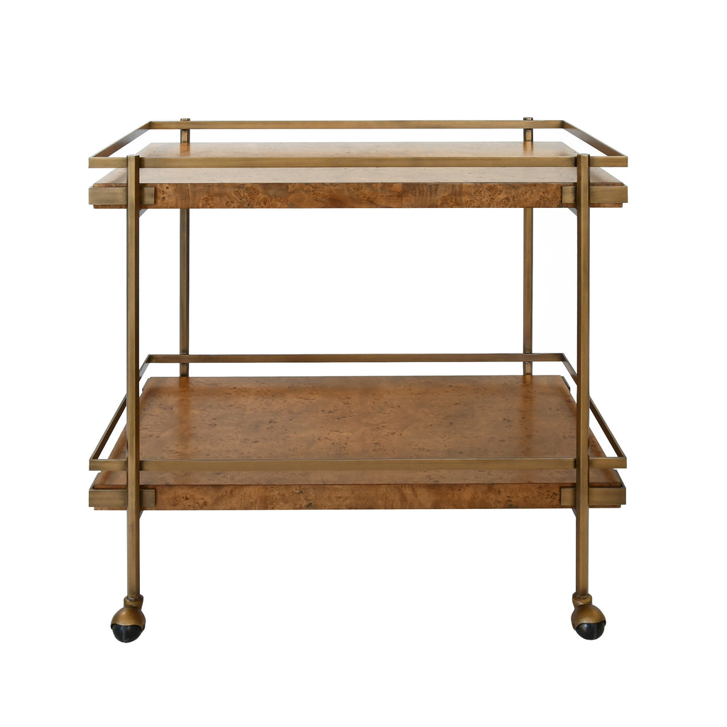 Antique Brass Bar Cart with Shelves in Dark Burl Wood