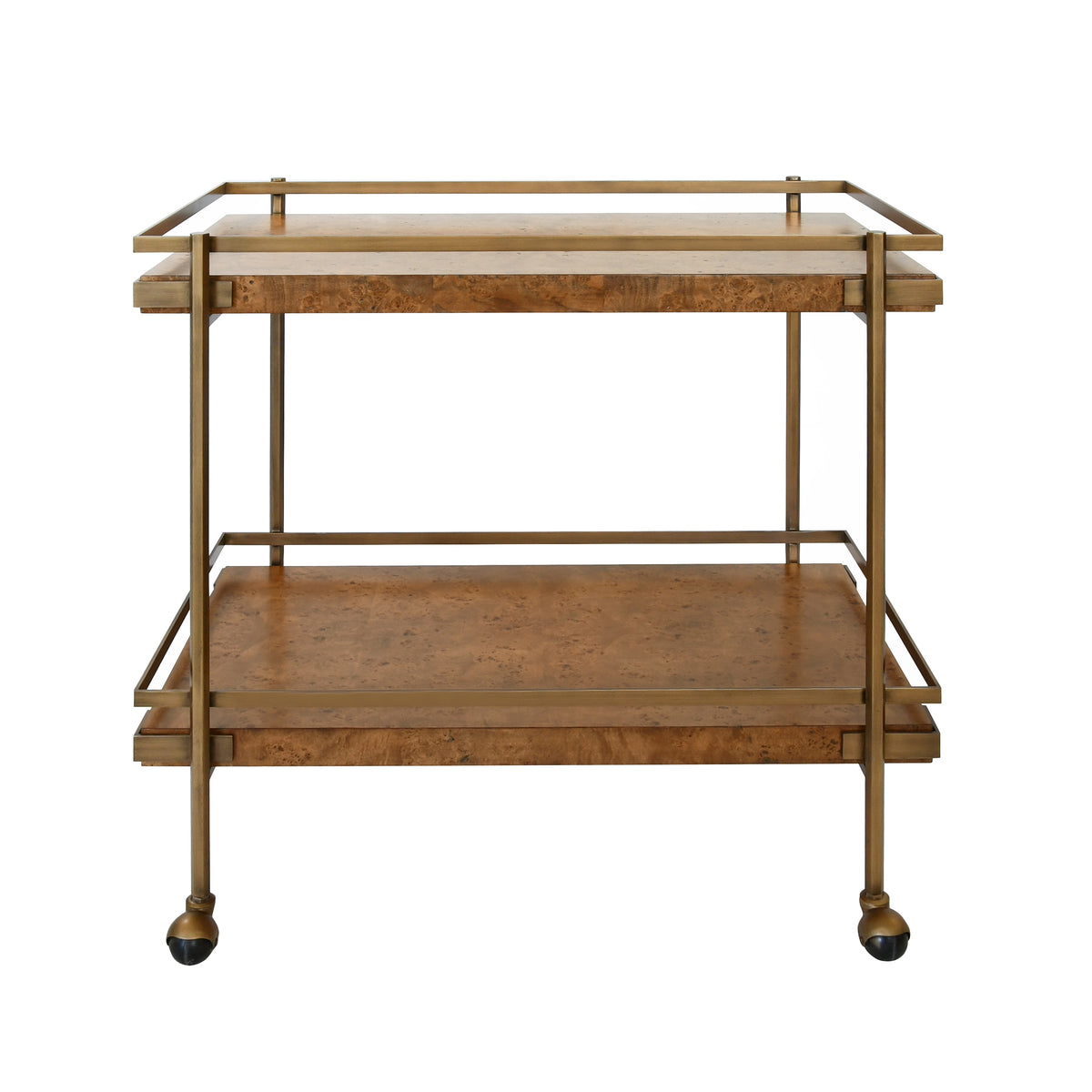 Antique Brass Bar Cart with Shelves in Dark Burl Wood