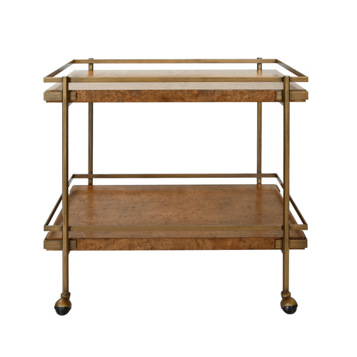 Antique Brass Bar Cart with Shelves in Dark Burl Wood