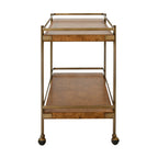 Antique Brass Bar Cart with Shelves in Dark Burl Wood