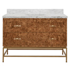 Bath Vanity in Matte Dark Burl Wood and Antique Brass with White Marble Top and Porcelain Sink, 48" Wide