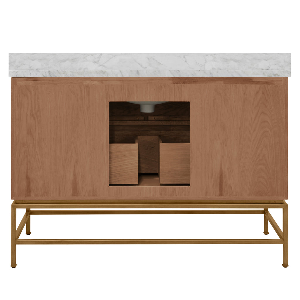 Bath Vanity in Matte Dark Burl Wood and Antique Brass with White Marble Top and Porcelain Sink, 48" Wide