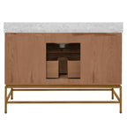 Bath Vanity in Matte Dark Burl Wood and Antique Brass with White Marble Top and Porcelain Sink, 48" Wide