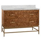 Bath Vanity in Matte Dark Burl Wood and Antique Brass with White Marble Top and Porcelain Sink, 48" Wide