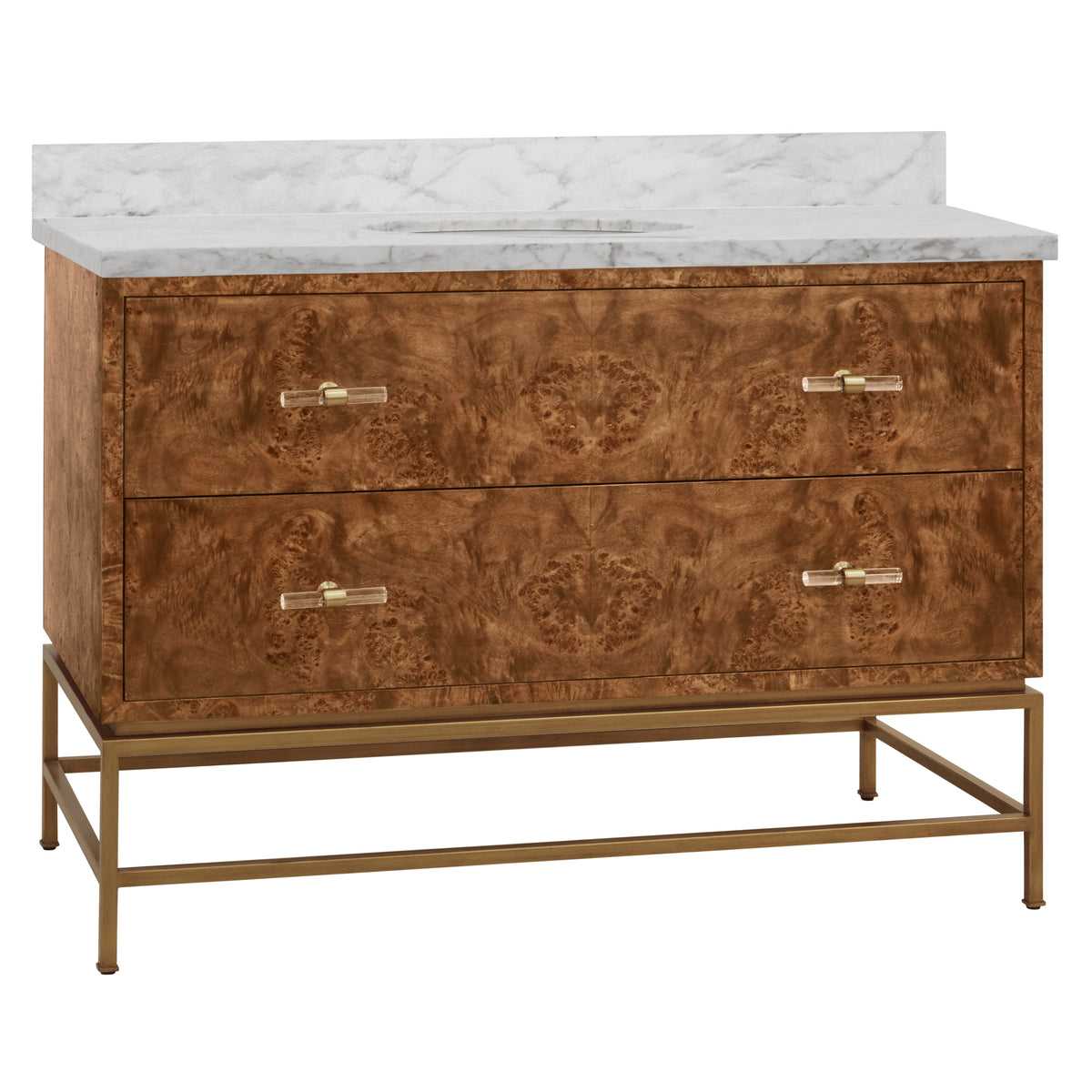 Bath Vanity in Matte Dark Burl Wood and Antique Brass with White Marble Top and Porcelain Sink, 48" Wide